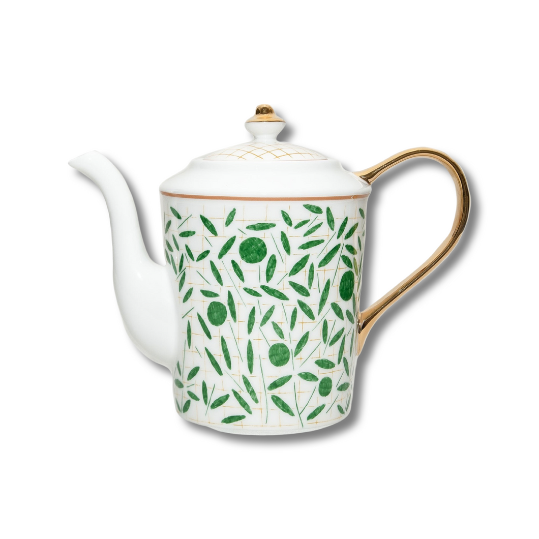 Bone China Green White Leaf Teapot with Gold Handle