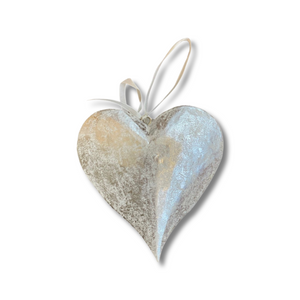 Silver Wood Carved Heart Christmas Tree Ornament