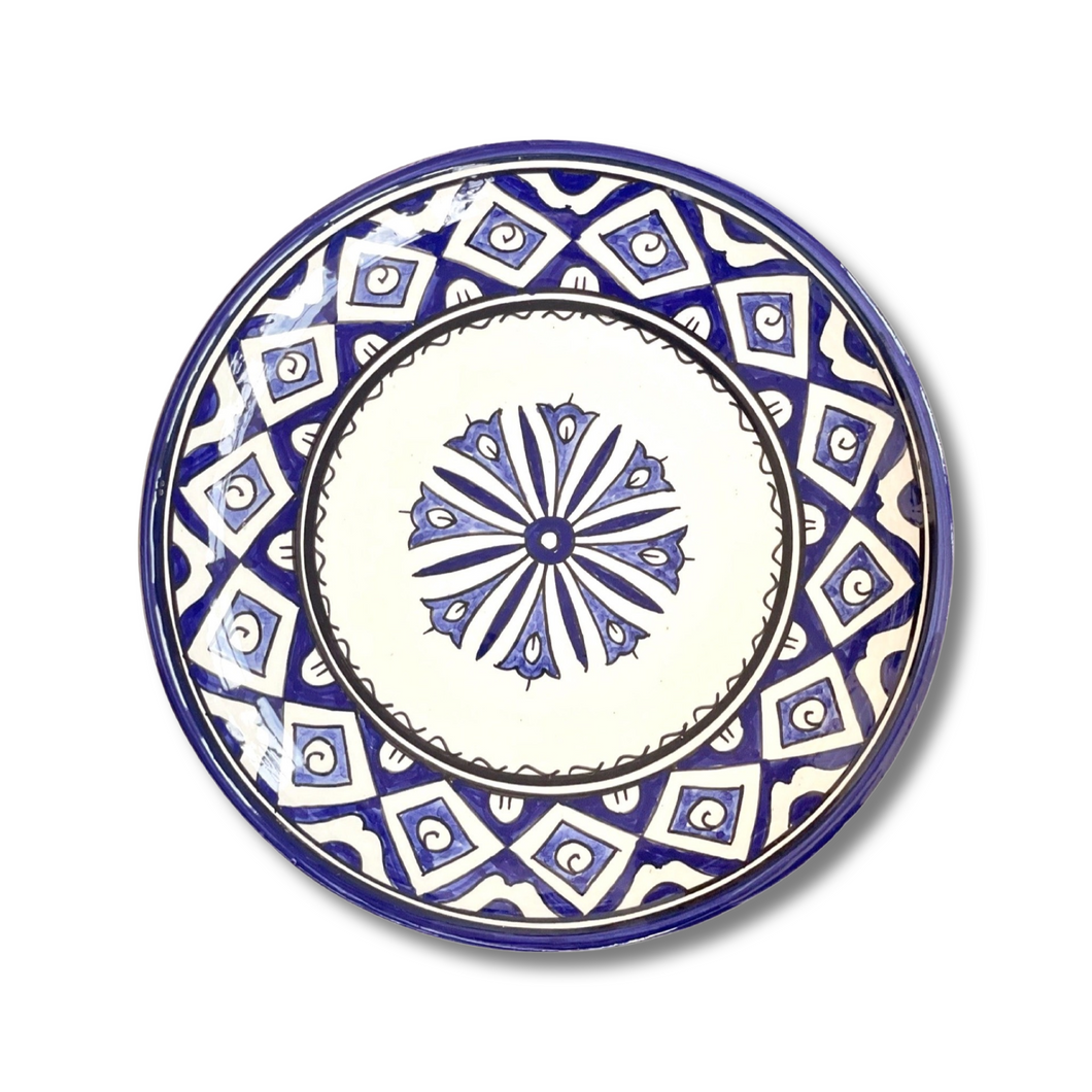 Handpainted Ceramic Blue White Geometric Dinner Plate