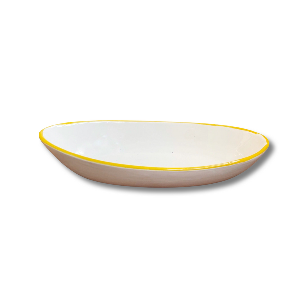 Oval Handpainted Ceramic White Serving Bowl with Yellow Border