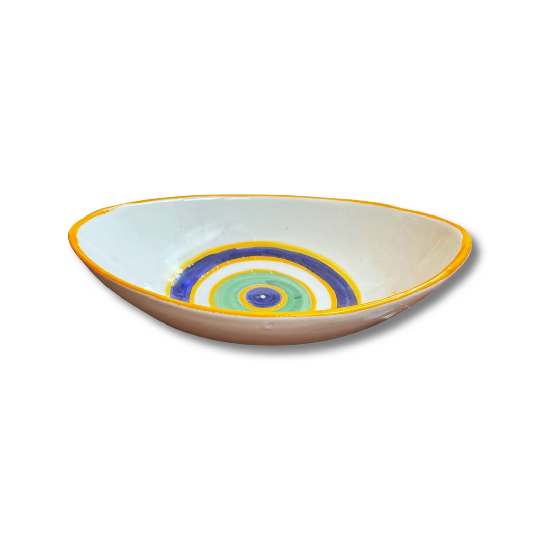 Handpainted Ceramic Oval Bowl Evil Eye Yellow White Blue