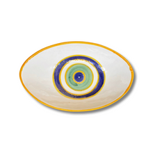 Load image into Gallery viewer, Handpainted Ceramic Oval Bowl Evil Eye Yellow White Blue
