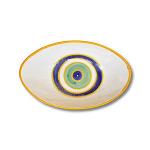 Handpainted Ceramic Oval Bowl Evil Eye Yellow White Blue