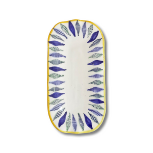 Handpainted Ceramic Serving Plate Feather Blue White Yellow