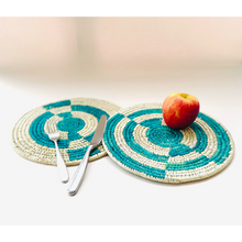 Load image into Gallery viewer, Two Handwoven Sabai Grass Round Green Geometric Placemat with Fork and Knife and Apple
