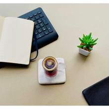Load image into Gallery viewer, Square Rounded White Marble Handcut Coasters with Coffee Cup and Keyboard and Plant
