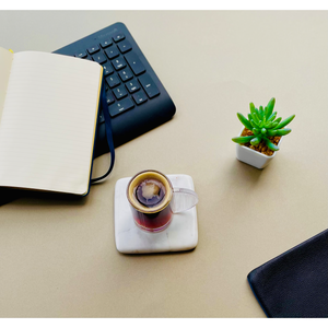 Square Rounded White Marble Handcut Coasters with Coffee Cup and Keyboard and Plant