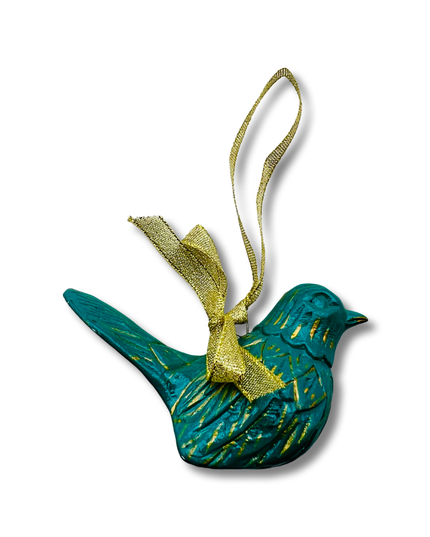 Green Wood Carved Bird Christmas Tree Ornament