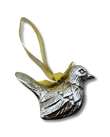 Silver Wood Carved Bird Christmas Tree Ornament