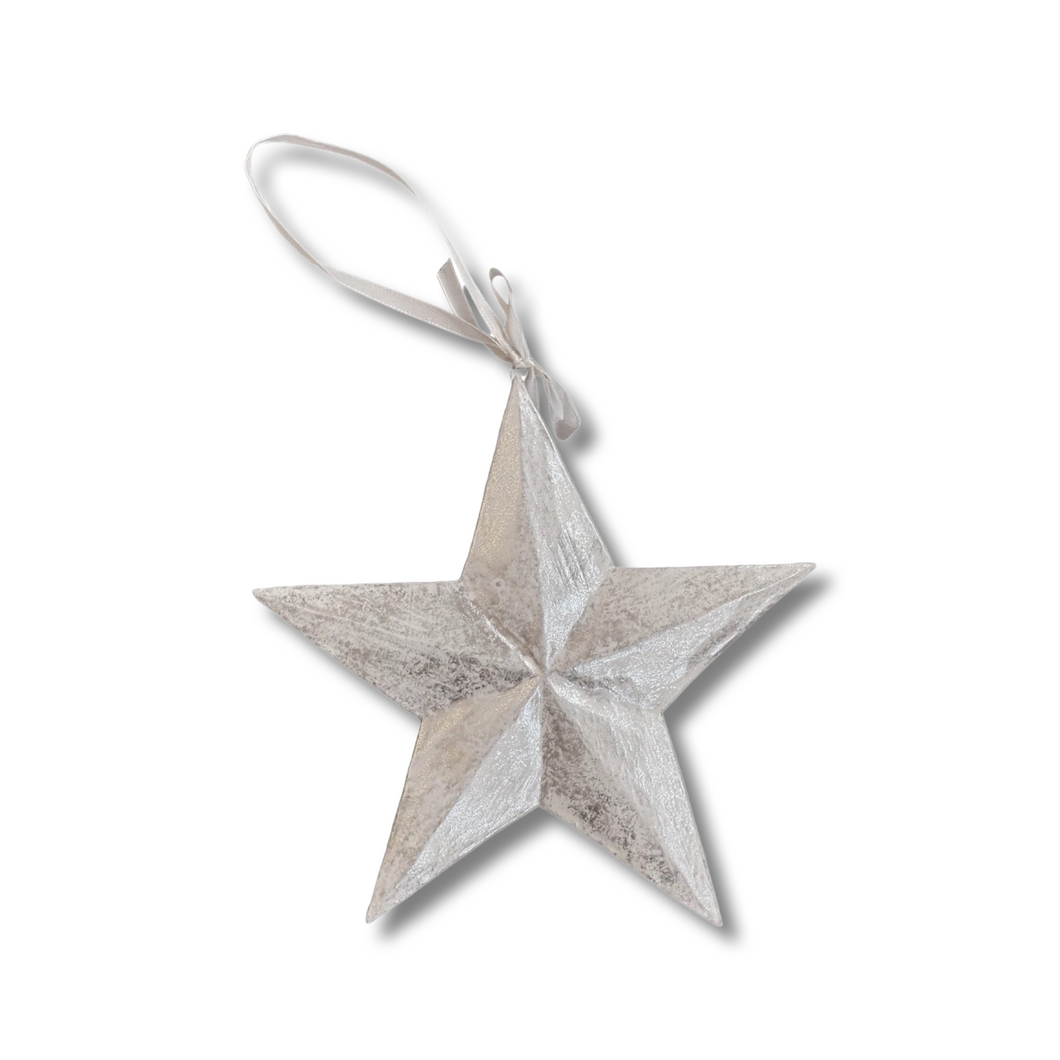 Silver Wooden Handcarved Star Christmas Ornament