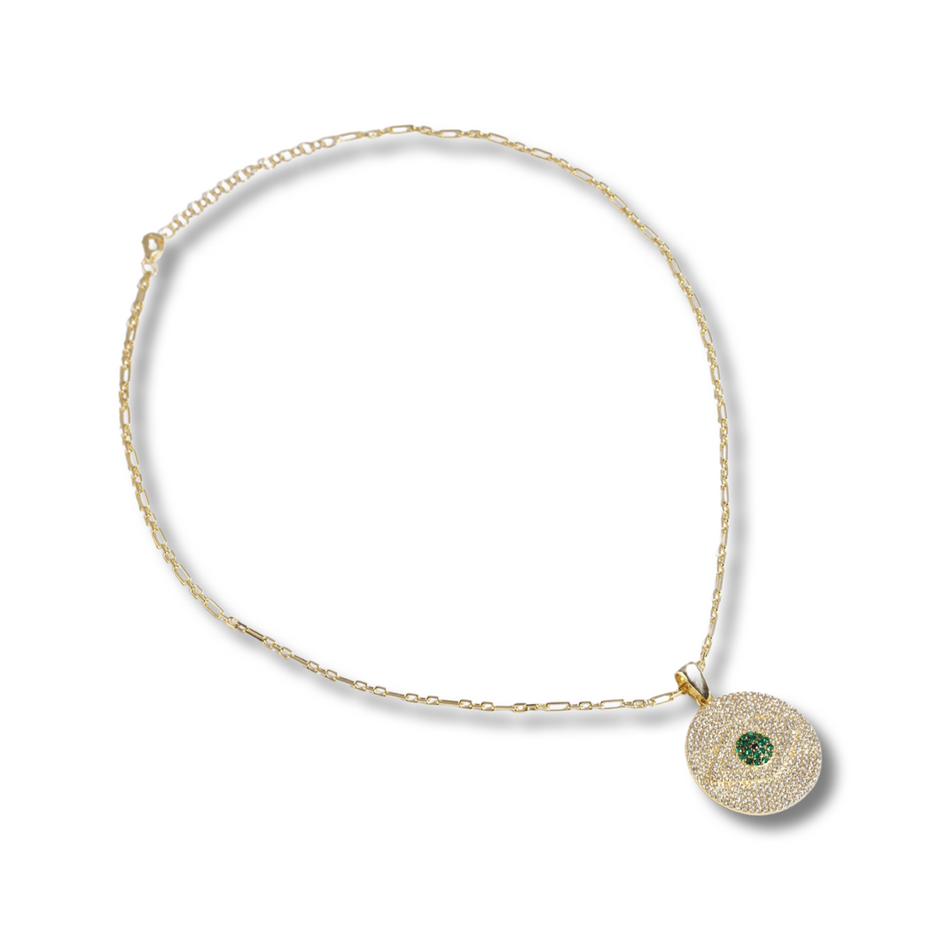 Gold Necklace with Diamonds and Green Stones Evil Eye