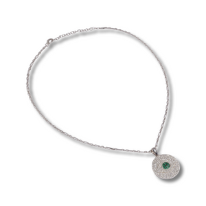Silver Necklace with Diamonds and Green Stones Evil Eye