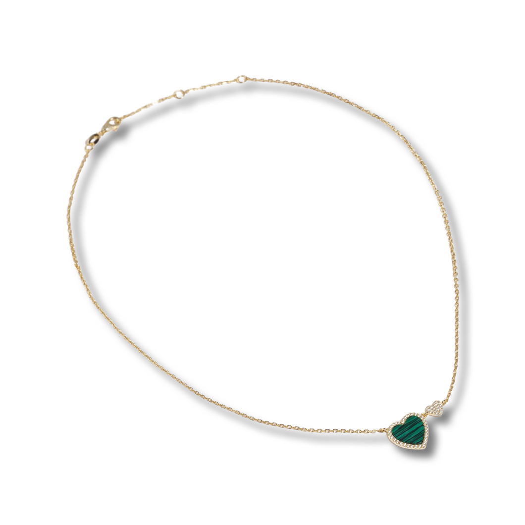 Gold Necklace with Diamonds and Malachite Hearts