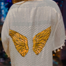Load image into Gallery viewer, Model wearing white kaftan with hand-painted wings
