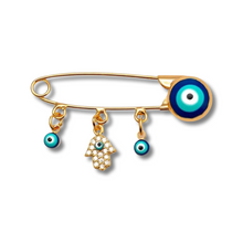 Load image into Gallery viewer, Gold Evil Eye Hamsa Baby Pin with Crystals
