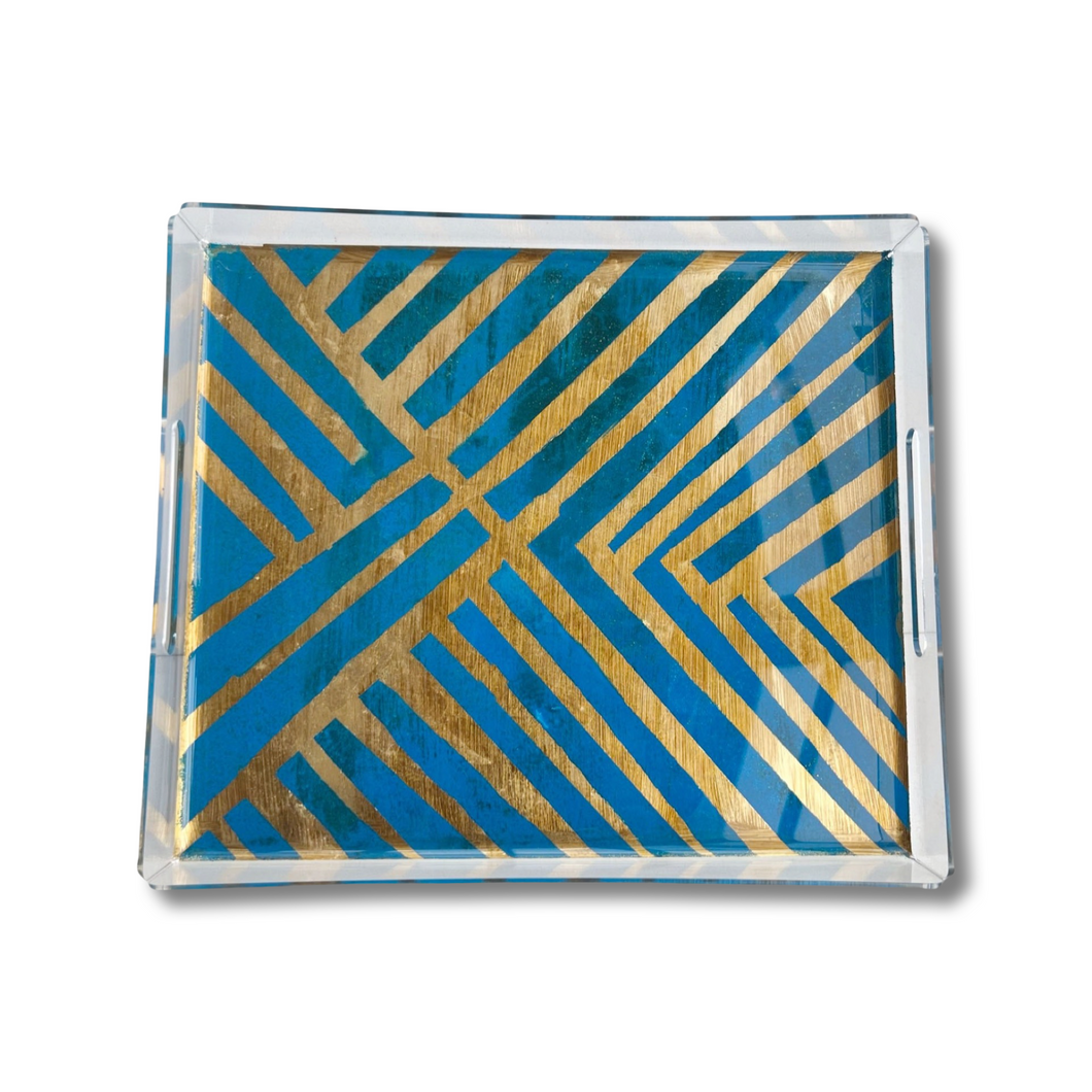 Hand Painted Geometric Blue Gold Acrylic Tray