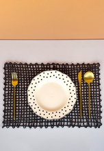 Load image into Gallery viewer, Black Sabai Grass Rectangle Placemat Gold Cutlery White Bone China Plate Polka Dots
