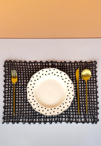 Black Sabai Grass Rectangle Placemat Gold Cutlery White Bone China Plate Polka Dots