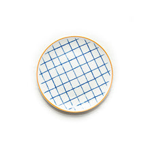Load image into Gallery viewer, Bone China White Blue Dessert Plate Checkered Orange Border
