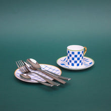 Load image into Gallery viewer, Bone China White Blue Espesso Cup Checkered Orange Border Dessert Plate Hammered Silver Cutlery
