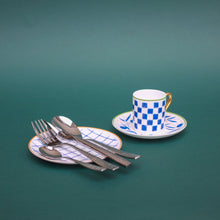 Load image into Gallery viewer, Bone China White Blue Dessert Plate Checkered Orange Border Espresso Cup Hammered Silver Cutlery
