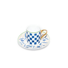 Load image into Gallery viewer, Bone China White Blue Espesso Cup Checkered Orange Border
