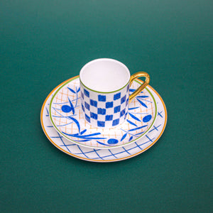 Bone China White Blue Espesso Cup Checkered Orange Border Dessert Plate