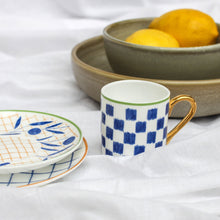 Load image into Gallery viewer, Bone China White Blue Espesso Cup Checkered Orange Border Dessert Plate Rustic Stone Bowl Plate
