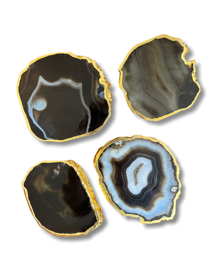 Black Agate Coasters Set with Gold Border