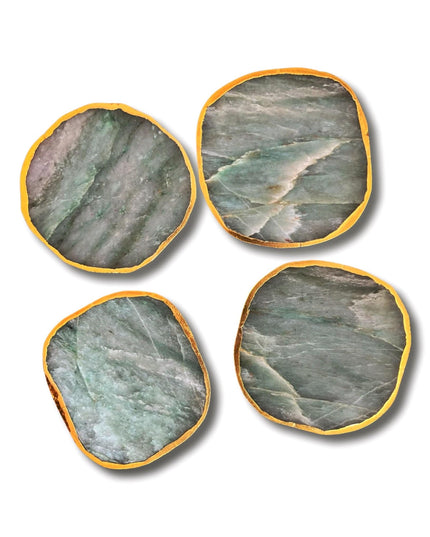 Green Agate Coasters Set with Gold Border