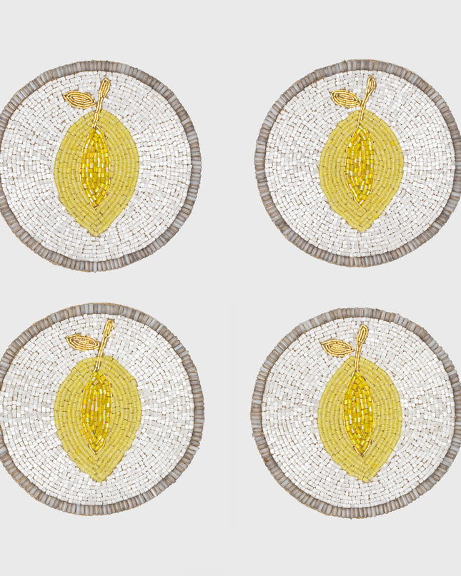 Joanna Buchanan Hand Beaded White Yellow Lemon Coasters
