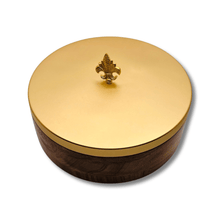 Load image into Gallery viewer, Wooden Chapati Box with Gold Fleur de Lis Lid and Tongs
