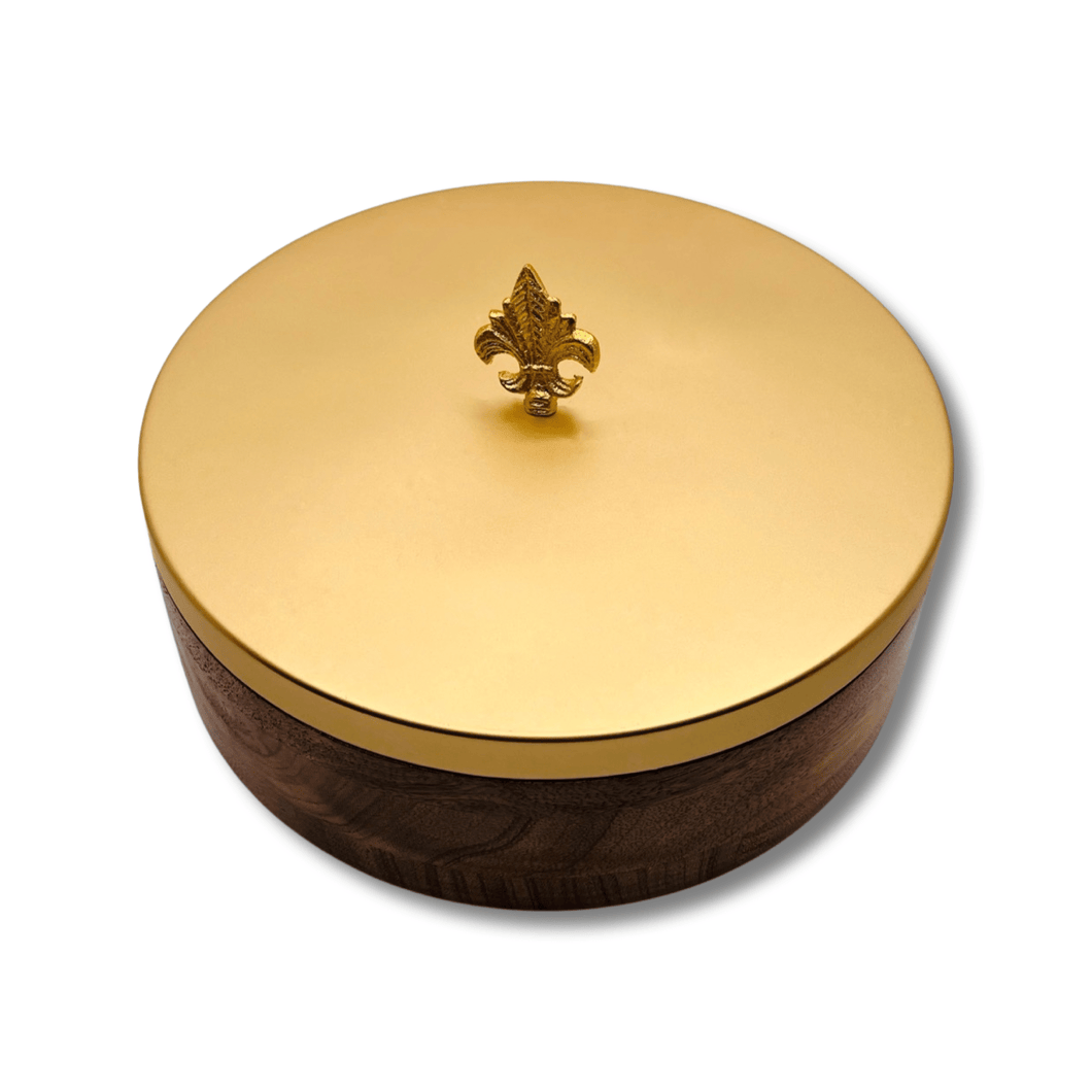 Wooden Chapati Box with Gold Fleur de Lis Lid and Tongs