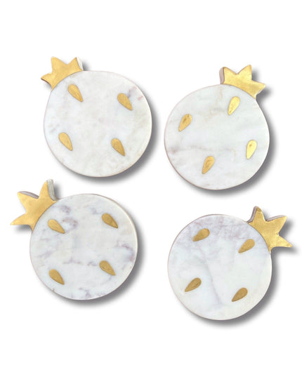 White Marble Brass Inlay Pomegranate Shaped Granada Coasters