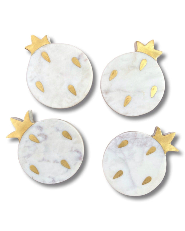 White Marble Brass Inlay Pomegranate Shaped Granada Coasters