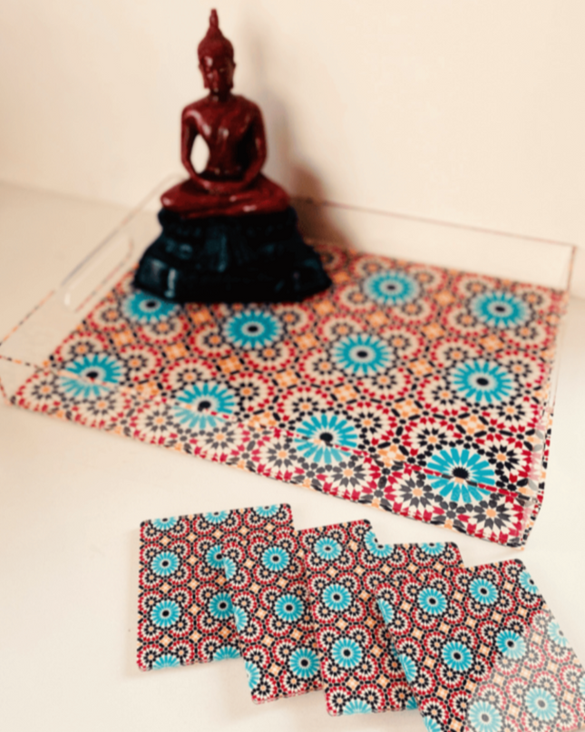Acrylic Red Turquoise Turkish Printed Tray and Coasters
