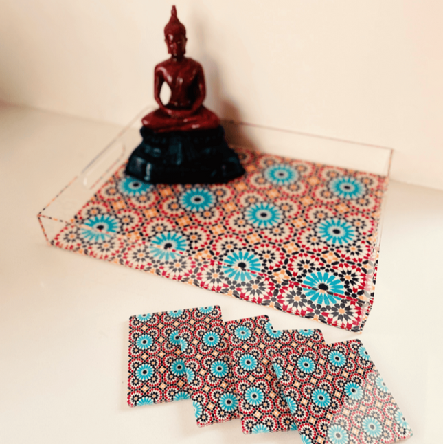 Acrylic Red Turquoise Turkish Printed Tray and Coasters