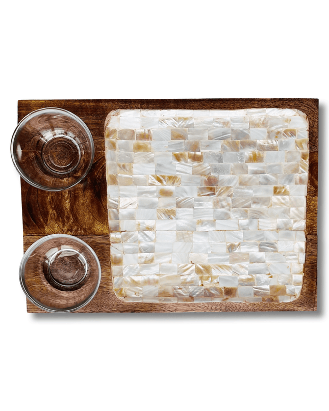 Wooden Mother of Pearl Tray with Two Bowls