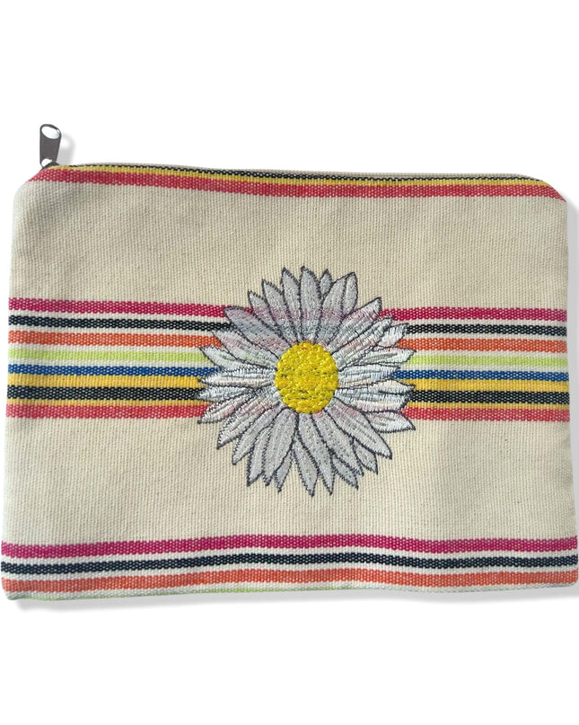 Multi-Colored Cotton Pouch with White Embroidered Flower