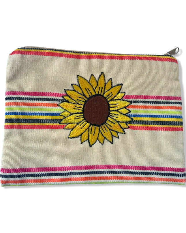 Multi-Colored Cotton Pouch with Yellow Embroidered Sunflower