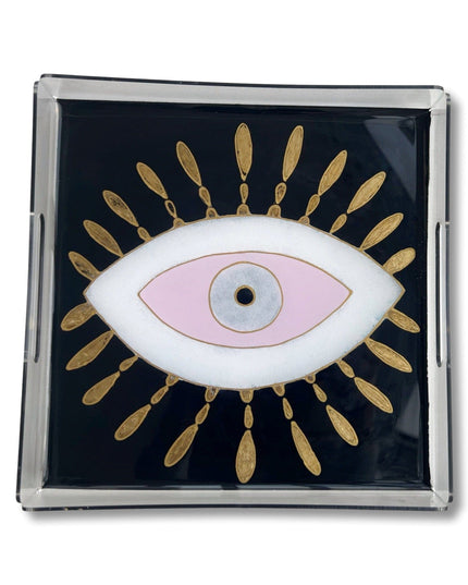 Square Hand Painted Acrylic Black Pink Evil Eye Nazar Tray