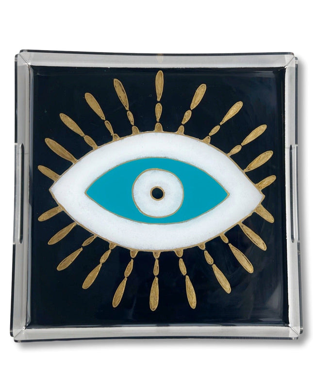 Square Hand Painted Acrylic Black Turquoise Evil Eye Nazar Tray