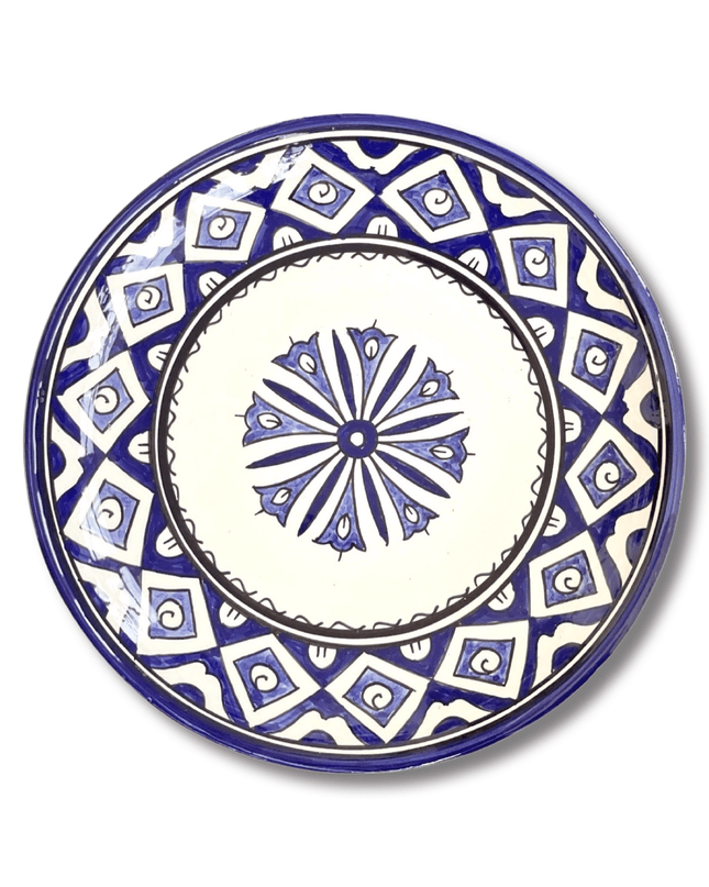 Handpainted Ceramic Blue White Geometric Dinner Plate