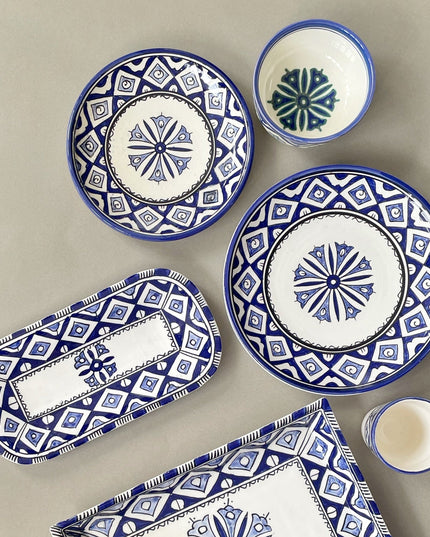 Handpainted Ceramic Blue White Geometric Dinner Plate Set