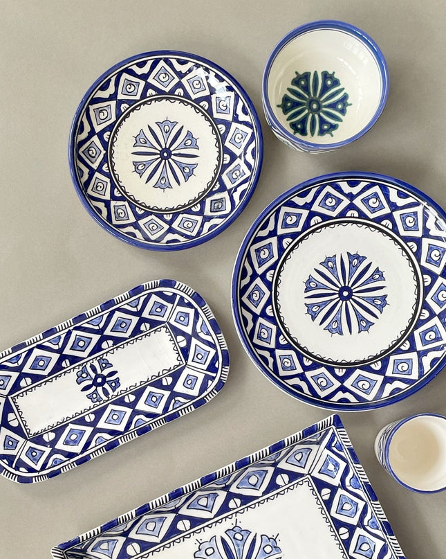 Handpainted Ceramic Blue White Geometric Dinner Plate Set