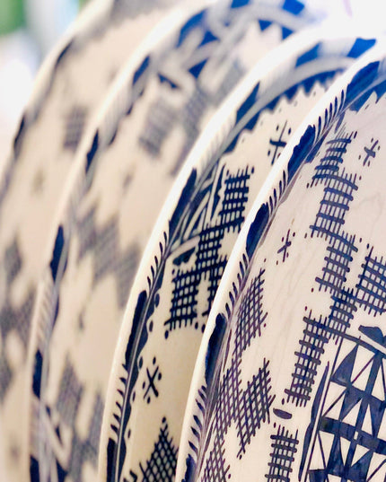 Handpainted Ceramic Blue White Geometric Dinner Plate