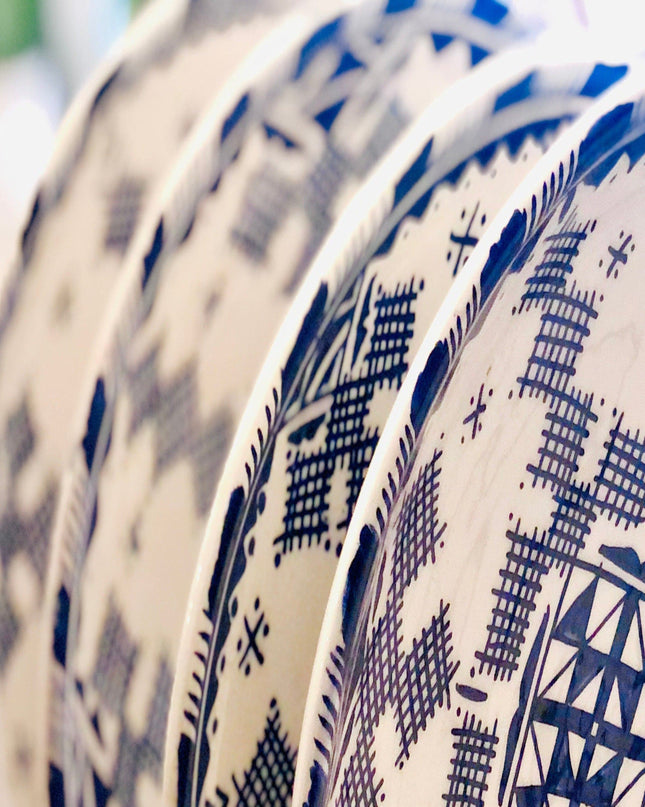 Handpainted Ceramic Blue White Geometric Dinner Plate