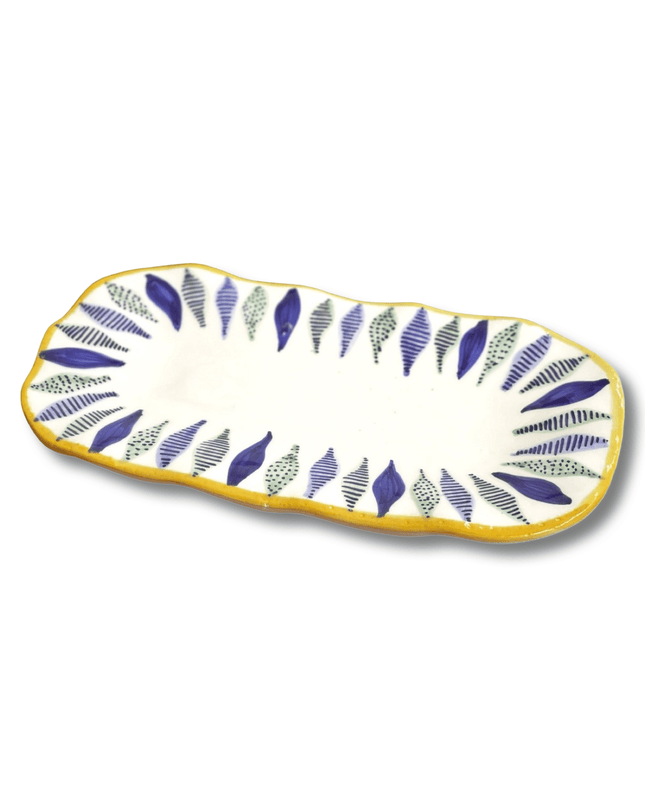 Handpainted Ceramic Serving Plate Feather Blue White Yellow
