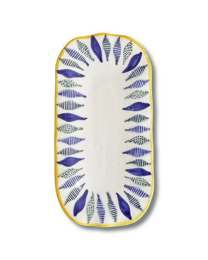 Handpainted Ceramic Serving Plate Feather Blue White Yellow