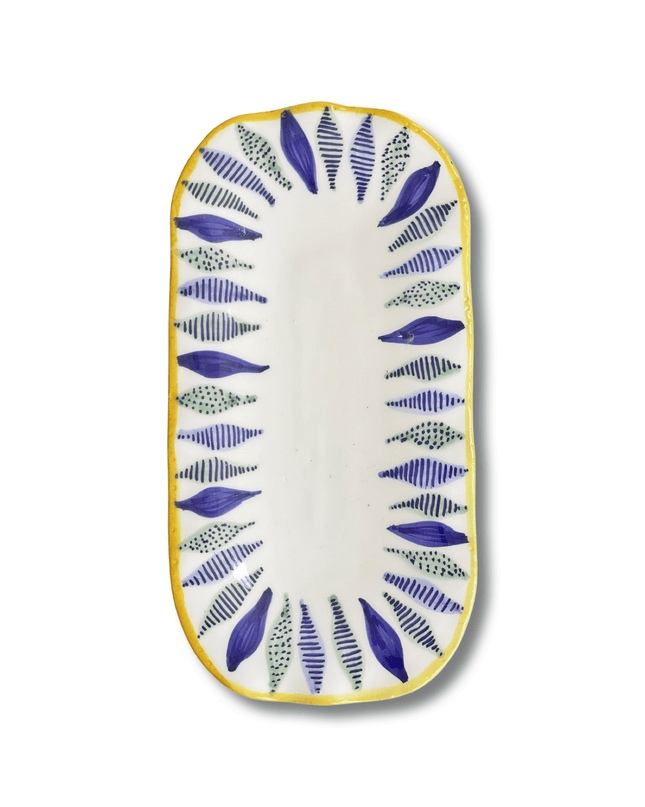 Handpainted Ceramic Serving Plate Feather Blue White Yellow